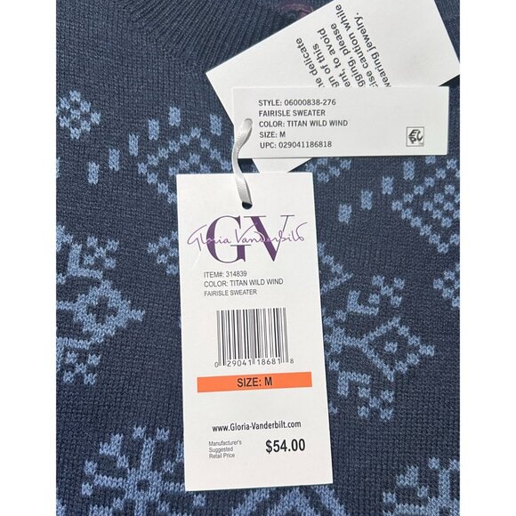 Gloria Vanderbilt Fairisle Sweater Women's‎ Medium Titan Wild Wind Blue NEW - Picture 7 of 8